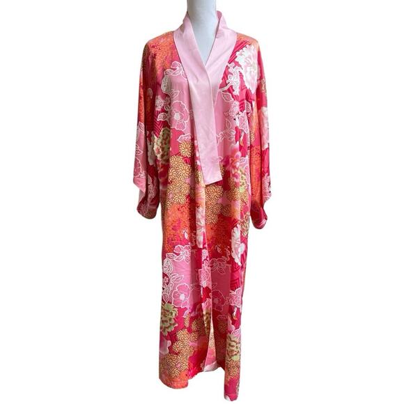 NATORI Long Kimono Robe Sz L Geisha Floral Print Pink Red Satin *NO BELT* - Picture 1 of 10